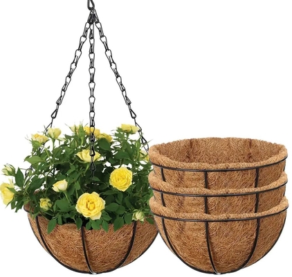 Cesto de pendurar de metal com revestimento de coco de coco Cesto de flores pendurado com corrente